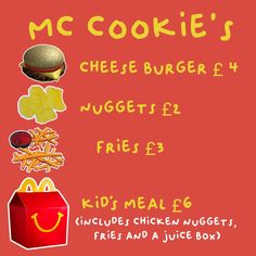 a menu for a fast food restaurant with hamburgers, fries and a juice box