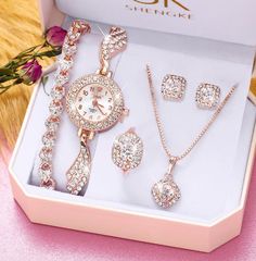 FINETOO Fashion Luxury Full Crystal 5 Pcs Watch Set Diamond Necklace Earrings set Jewelry for Women Gift 2021 https://m.alibaba.com/product/1600352484833/FINETOO-Fashion-Luxury-Full-Crystal-5.html?__sceneInfo={"cacheTime":"1800000","type":"appDetailShare"} Pretty Gifts For Women, Designer Watches Women, Watch For Women, Jewellery Set, Watches Women, Trendy Watches Women, Stylish Jewelry Accessories, Casio Vintage, Womens Designer Watches