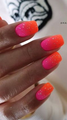 Birthday Manicure Ideas, Bright Orange Nail Designs, Orange And Pink Ombre Nails, Anc Nail Ideas, Hot Pink And Orange Nails, Summer To Fall Nails, Coral Gel Nails, White Nail Ideas, Summer Nail Ideas