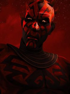 a man with red and black paint on his face in front of a star wars scene