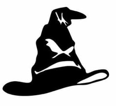 a black and white silhouette of a wizard's hat with a bird on it