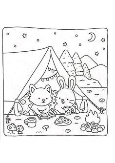 a coloring page with an animal and cat in the tent