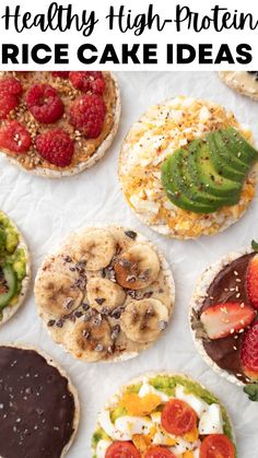 healthy high protein rice cake ideas on a sheet of paper with strawberries and kiwis