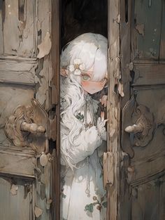 a white haired girl with long hair standing in an open door