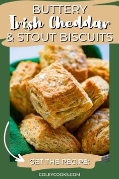 Buttery Irish Cheddar & Stout Biscuits are incredibly flavorful and so easy to prepare. They can be made from start to finish in under 45 minutes and are wonderful served with soups and stews or even for breakfast. They're tender, rich and perfect for St. Patrick's Day! Frozen, grated butter is the key to getting these biscuits ultra flaky. The long strips of fat melt in the oven to create steam pockets, which result in layers upon layers of flaky biscuit goodness. Irish Biscuits, Irish Cheese, Traditional Bread Recipe, Irish Cheddar, Bread Biscuits, Scone Recipes, Irish Butter, Flaky Biscuits, Savory Pastry