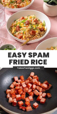 easy spam fried rice with ham and vegetables in a skillet on the table