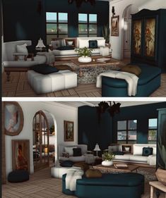 two pictures of a living room with blue and white furniture