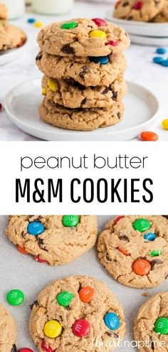 peanut butter m & m cookies stacked on top of each other