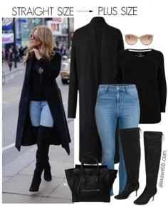 Straight Size to Plus Size – Over-the-Knee Boots Outfit - Plus Size Fashion for Women - alexawebb.com #alexawebb Vinter Mode Outfits, Over The Knee Boot Outfit, Knee Boots Outfit, Kimono Outfit, Winter Fashion Coats, Looks Black, Plus Size Fashion For Women, Looks Chic, Winter Fashion Outfits