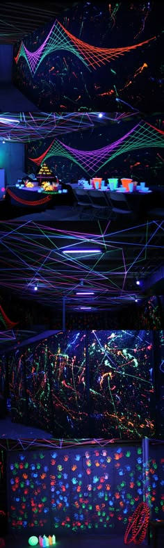 a room filled with lots of neon colored lights and wires hanging from the ceiling above it