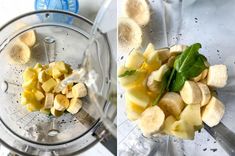 two pictures of bananas in a blender with leaves and water on the bottom right