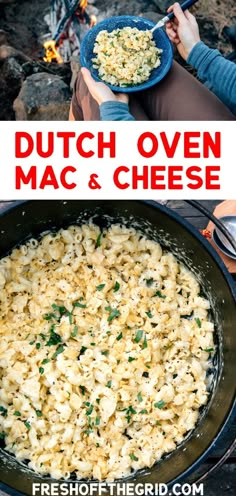 two photos with the words dutch oven macaroni and cheese in front of them