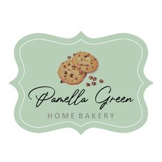 the logo for pancela green home bakery, with two cookies and chocolate chips