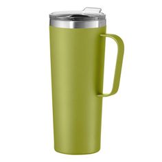 thermos travel mug in lime green is shown with a stainless steel lid and handle