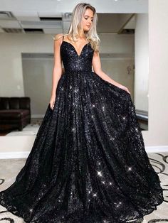 Neckline: V-neckSilhouette: A-Line/PrincessBuilt-in Bra: YesSleeve: SleevelessWaist: NaturalBack Style: Lace UpHemline/Train: Sweep/Brush Train Starfall Ball, Black Sequin Prom Dress, Prom Dresses 2022, Prom Evening Dresses, Princess Prom Dresses, Prom Dresses 2023, Prom 2023, Spaghetti Strap Prom Dress, Prom Dress Evening