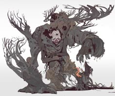 a drawing of a creature with many branches on it's face and arms, standing in front of a white background