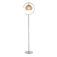 a floor lamp with a light bulb on it's side and a wire ball hanging from the top