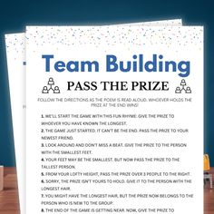 a piece of paper with the words team building pass the prize written in front of it