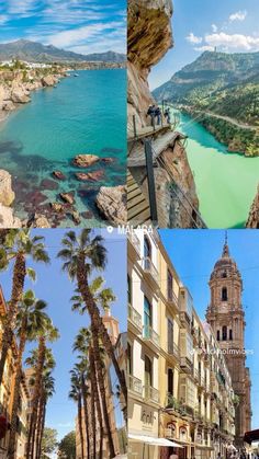 four different pictures with palm trees and buildings