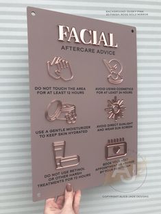 a sign that says facial aftercare advice with pictures of hand gestures and symbols on it