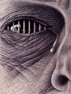 a pencil drawing of an eye with bars in it