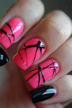 Magenta Nails Design Color Combos, Black And Pink Nails Short, Hot Pink Black Nails, Baby Pink And Black Nails, Pink And Black Nails Acrylic, Hot Pink And Black Nails Acrylics, Black And Pink Nails Ideas