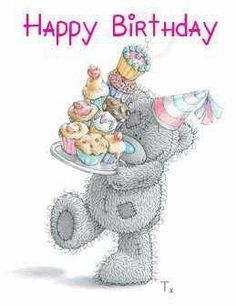 a happy birthday card with an image of a teddy bear holding a plate of cupcakes