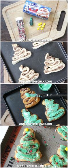 the steps to making christmas cookies are shown in three different ways, including frosting and sprinkles