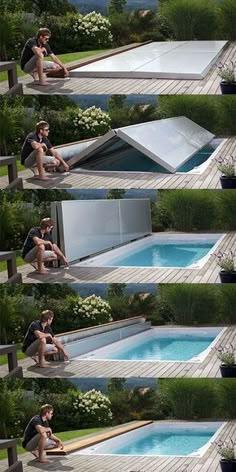 multiple shots of a man sitting on the edge of a swimming pool