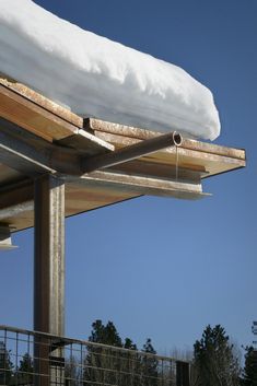 the roof is covered with snow on a sunny day