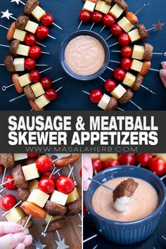 sausage and meatball skewer appetizers with cherry tomatoes