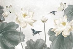 a painting of white flowers and butterflies on a gray background with water lilies in the foreground