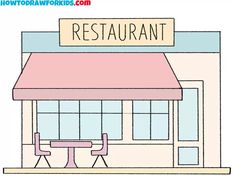 an illustration of a restaurant with two chairs and a table in front of the building