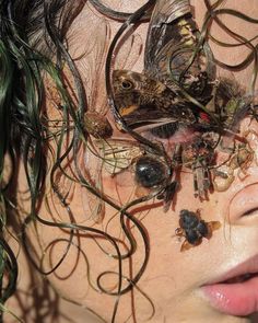 a woman's face covered in hair and flies on her forehead, with other insects around her