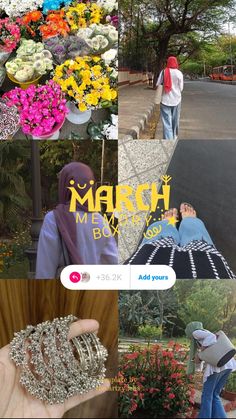 there is a collage of pictures with people in the background and flowers on the ground