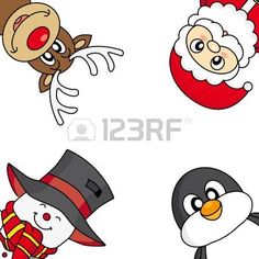 four cartoon christmas characters with santa claus, penguin and snowman on white background - stock photo