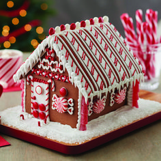 a gingerbread house is decorated with candy canes