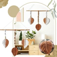 a living room filled with furniture and decor on top of a wooden shelf next to a mirror