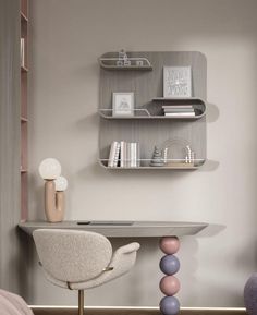 a modern desk with shelves on the wall