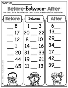 the before between and after worksheet for students to practice their number identification skills