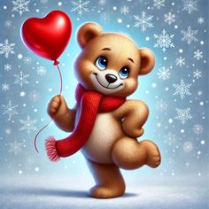 a brown teddy bear holding a red heart shaped balloon in the air with snowflakes behind it