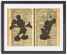 the silhouettes of mickey and minnie on an old book page are shown in black