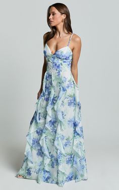 Amalie The Label - Rosalie Strappy Cut Out Ruffle Detail Maxi Dress in Elysian Print Floral Full Length Dress, Frilly Floral Dress, Floral Ruffle Maxi Dress, Greece Dresses, Wedding Dress Shopping Outfit, Greece Clothes, Prom Dresses Floral, Long Floral Dresses, Floral Formal Dress