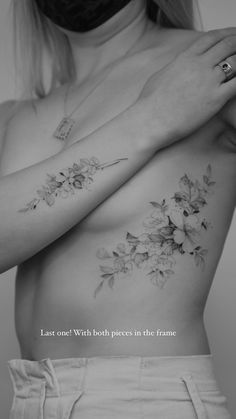 a woman's chest with flowers on it and the words, last tattoo which pieces in the frame