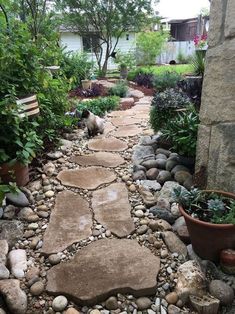 a stone path in the middle of a garden