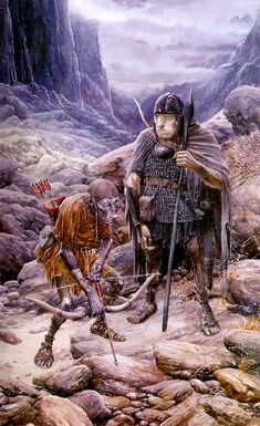 a painting of two men in armor standing next to each other on top of rocks