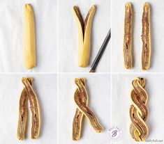 four pictures showing how to cut banana peels and then place them in the shape of snake tails