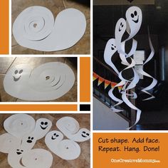 the collage has been made to look like ghost paper plates and tape hang down