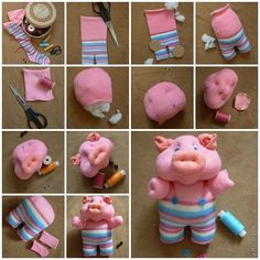 there are many pictures of stuffed animals made to look like pigs