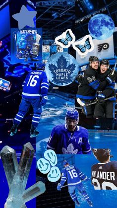 the collage shows hockey players in blue and black uniforms, with logos on them